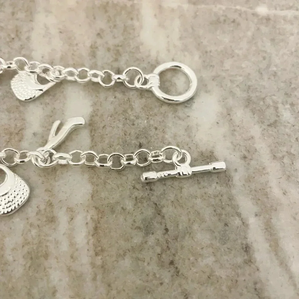 925 Sterling Silver Shoe Handbag Charm Bracelet Toggle Bracelet